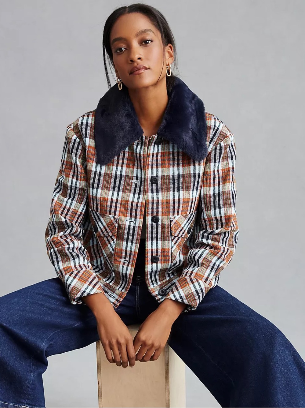 Maeve by Anthropologie Retro Plaid Jacket with Navy Blue Faux Fur Collar